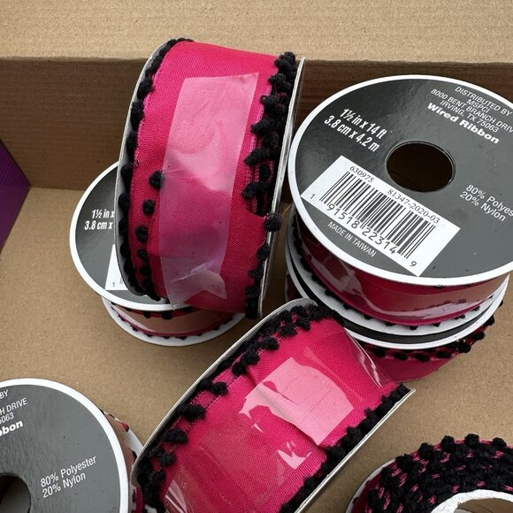 Pink Wired Ribbon Pom Pom Edge Lot of 7 Dia De Los Muertos 1 1/2" in x 14 ft - Picture 9 of 11